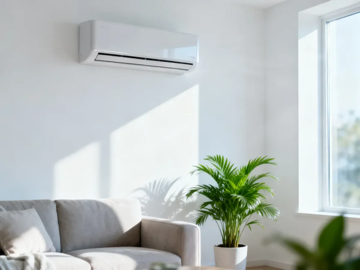Nowoczesny klimatyzator ścienny w jasnym, przytulnym salonie, podkreślający komfort i świeżość w domu.