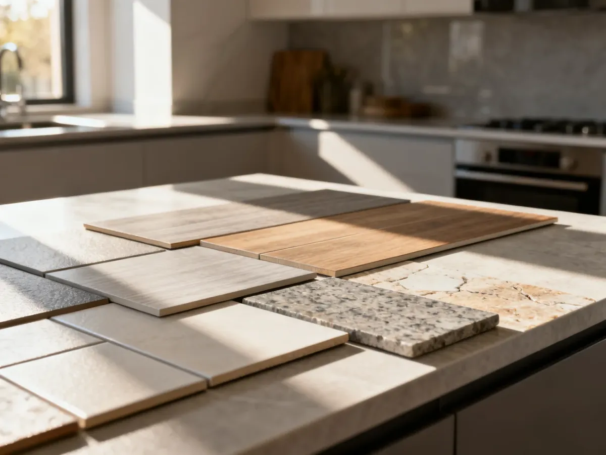 Próbki różnych materiałów podłogowych, takich jak płytki ceramiczne, panele winylowe i kamień, ułożone na blacie kuchennym.
