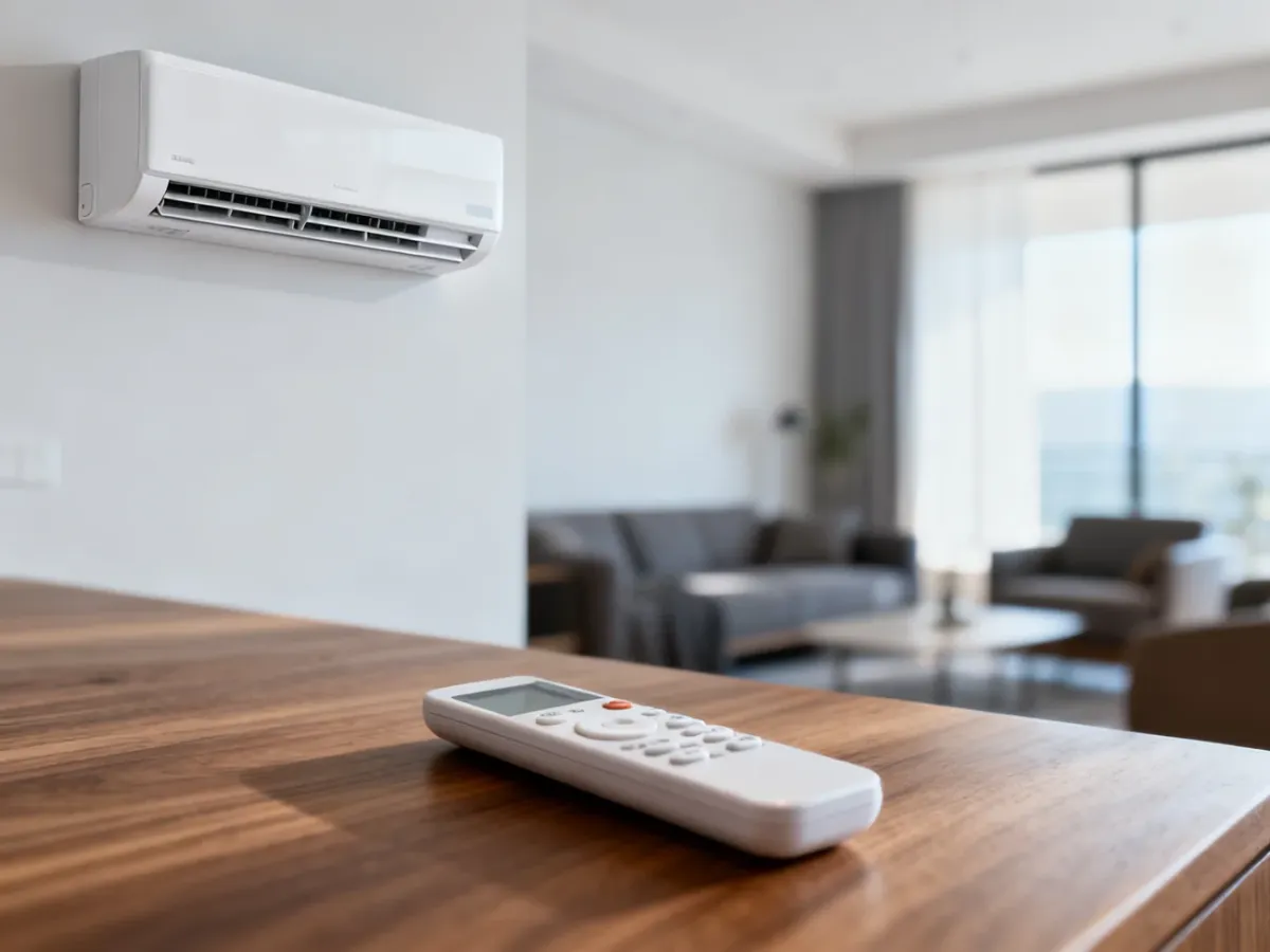 Nowoczesny klimatyzator typu split zamontowany na ścianie w minimalistycznym salonie oraz pilot leżący na drewnianym blacie.