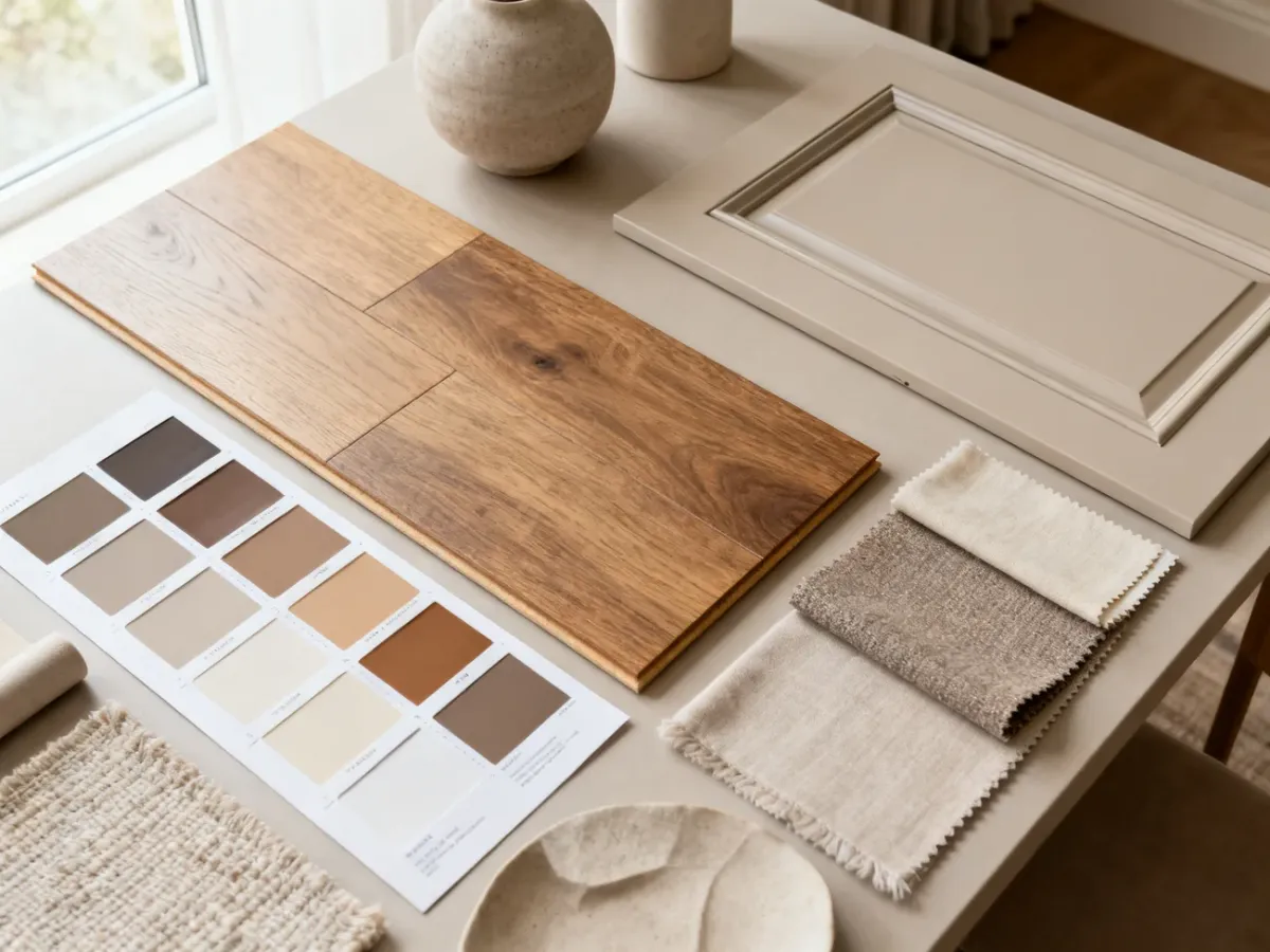 Moodboard z próbkami farb, drewna i tkanin do planowania kolorystyki wnętrza