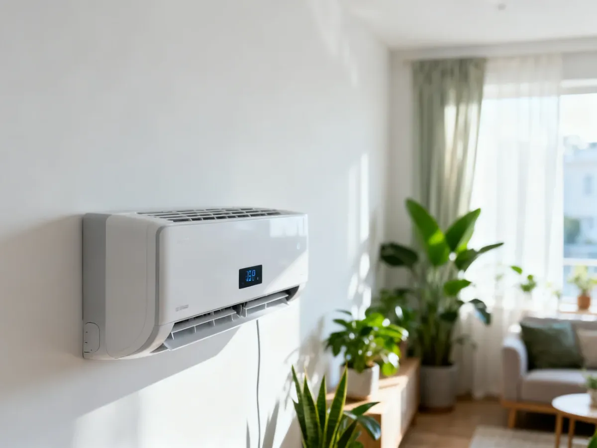 Nowoczesny klimatyzator zamontowany na ścianie w minimalistycznym salonie, zapewniający komfortową temperaturę w pomieszczeniu.