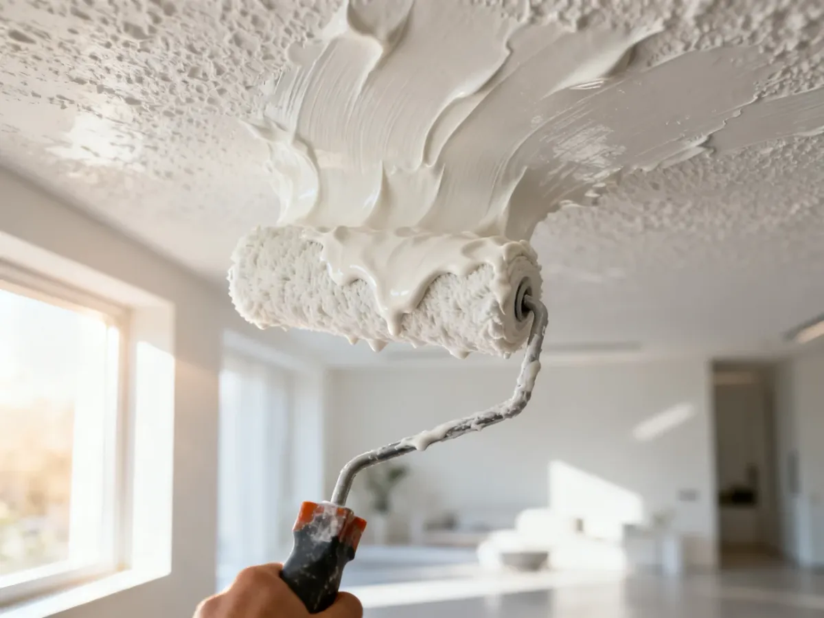 Profesjonalny wałek malarski nakłada gęstą, białą farbę matową na sufit, zapewniając idealne wykończenie wnętrza.