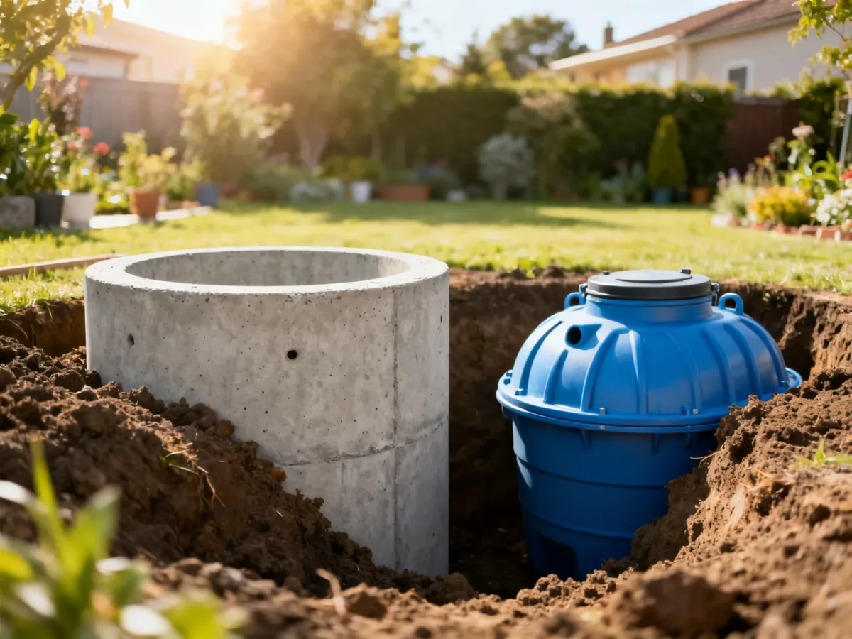 Porównanie przekrojów szamba betonowego i plastikowego zainstalowanych w gruncie na tle przydomowego ogrodu.