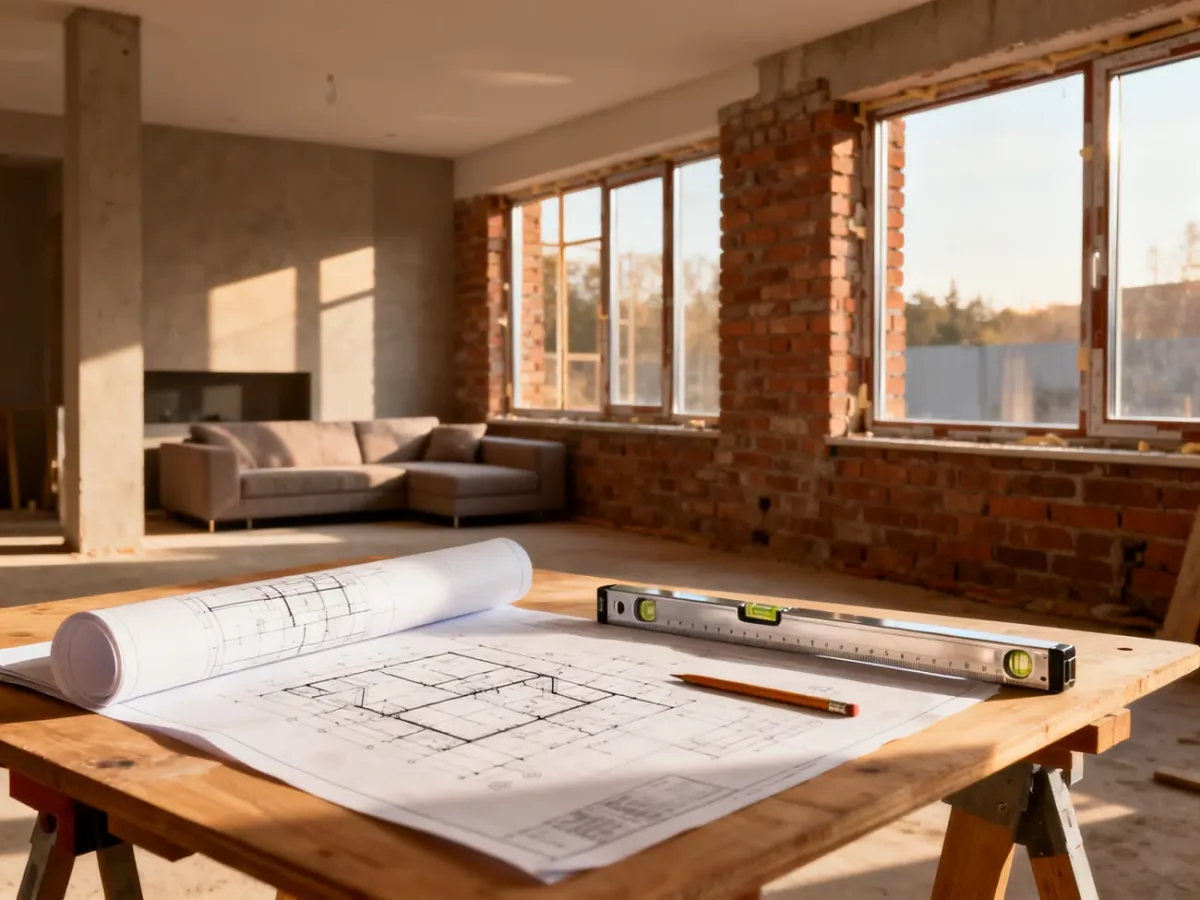 Wnętrze nowoczesnego domu w trakcie wykańczania z planami architektonicznymi na stole na pierwszym planie.