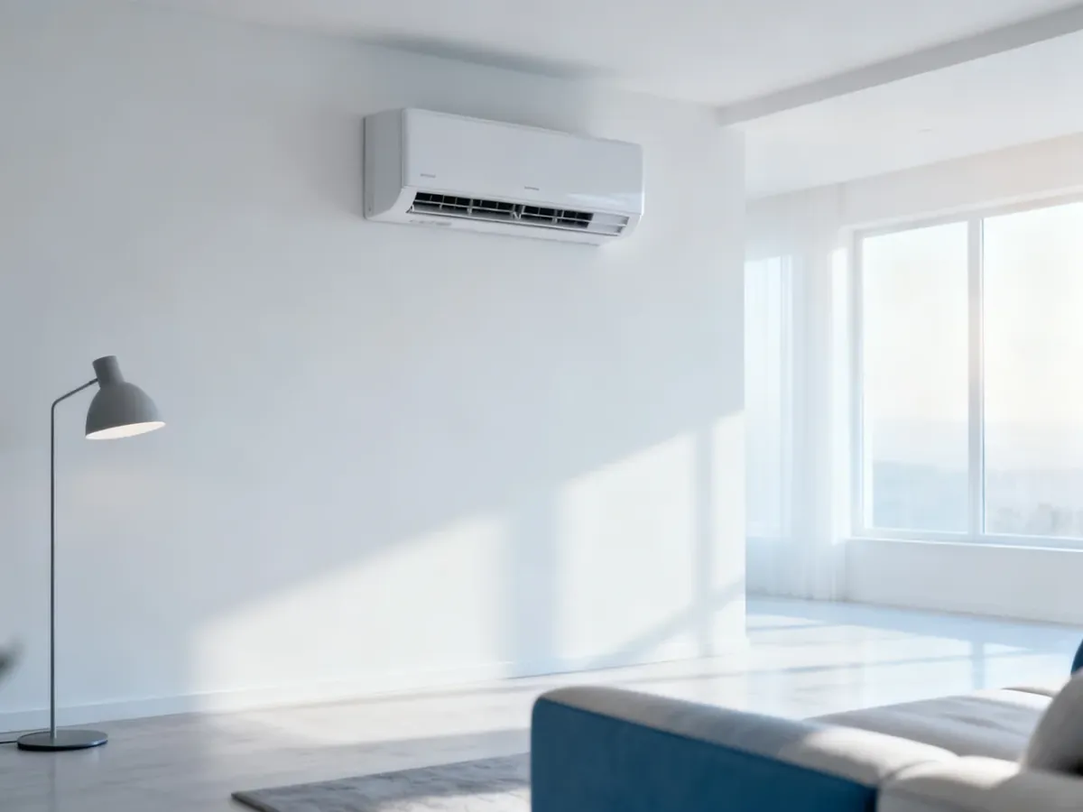 Nowoczesny klimatyzator ścienny w minimalistycznym salonie, zapewniający komfortową temperaturę w jasnym wnętrzu.