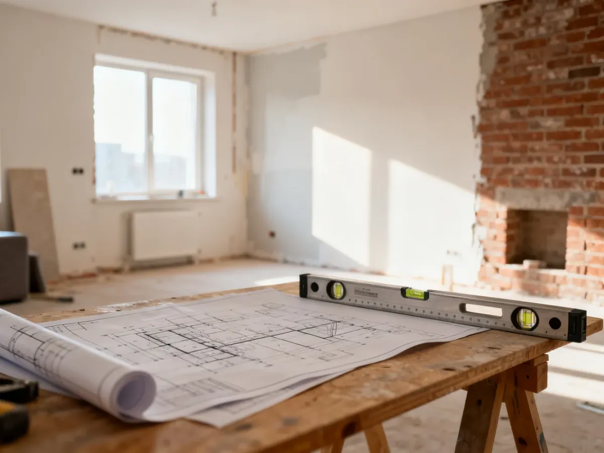 Wnętrze nowoczesnego mieszkania w trakcie remontu z planami architektonicznymi i narzędziami pomiarowymi na pierwszym planie.