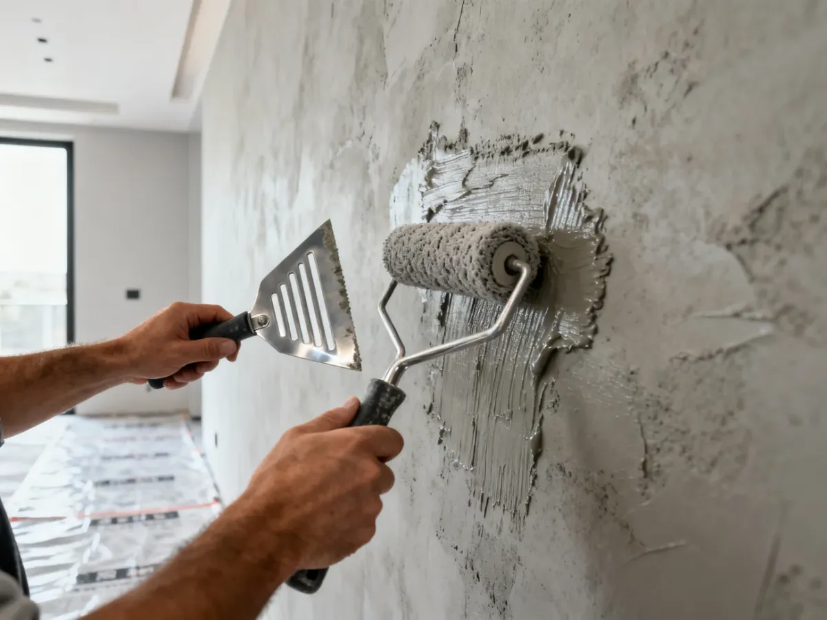 Nakładanie farby betonowej wałkiem i formowanie faktury pacą wenecką