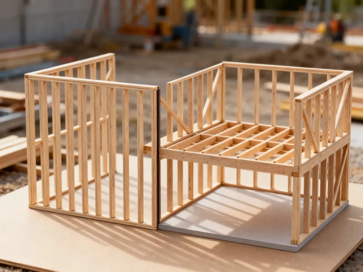Porównanie konstrukcji szkieletowej balonowej i platformowej na modelu architektonicznym z drewna.