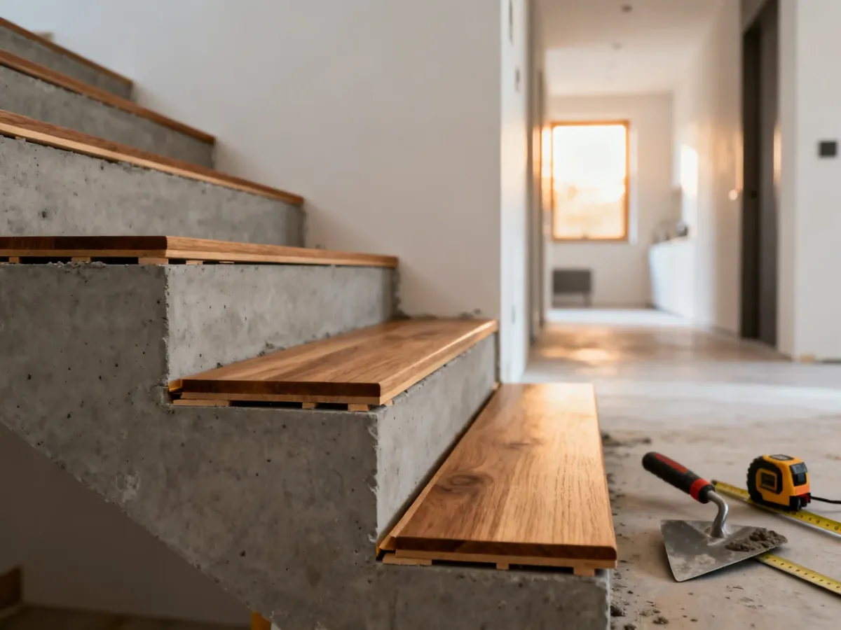 Montaż dębowych stopni na betonowych schodach przy użyciu profesjonalnych narzędzi w nowoczesnym wnętrzu.