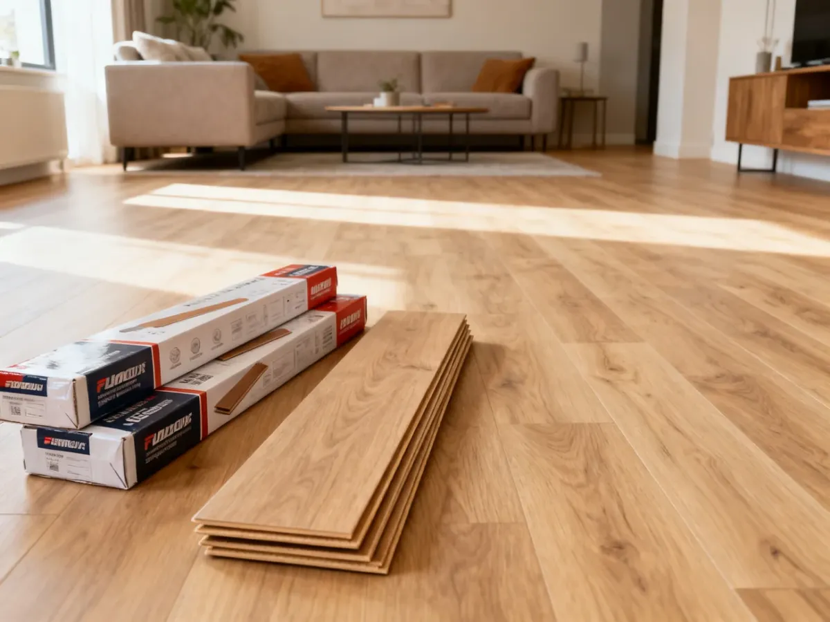 Jasny salon z ułożoną drewnianą podłogą, paczkami paneli i zapasowymi deskami