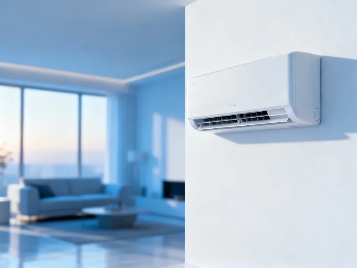 Nowoczesny klimatyzator ścienny w minimalistycznym salonie, zapewniający komfortową temperaturę w przestronnym wnętrzu.