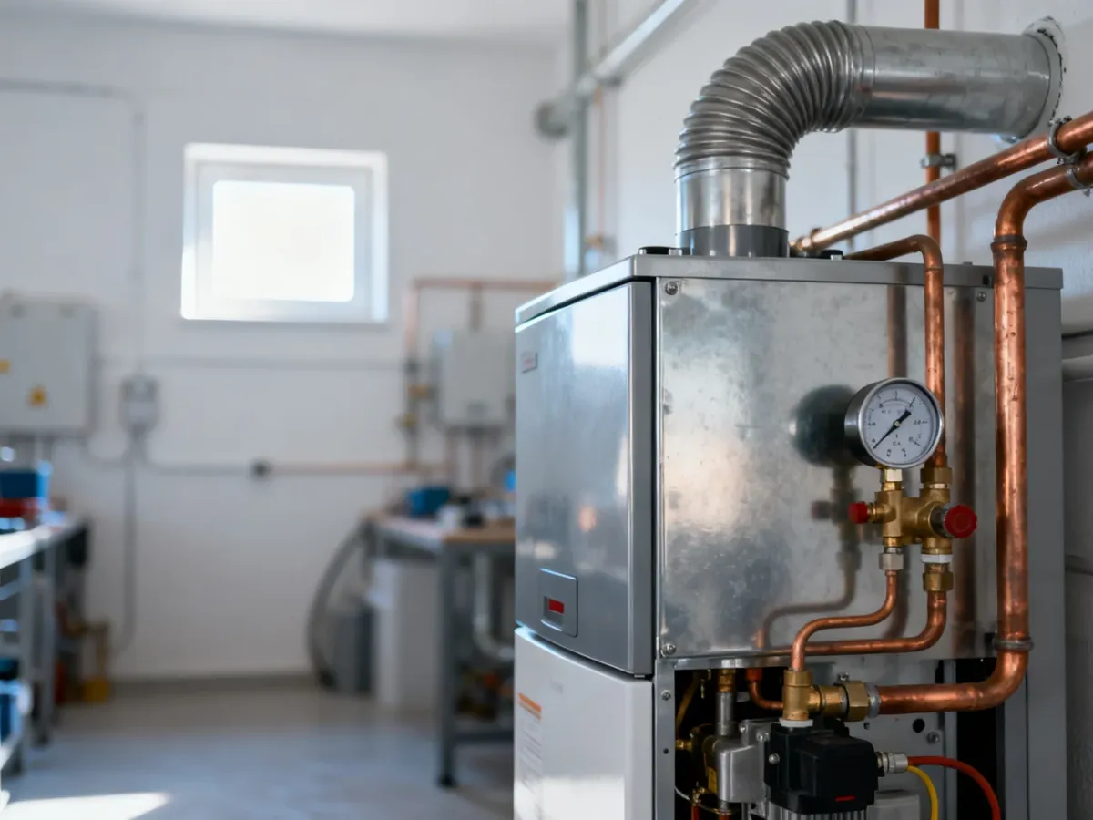 Nowoczesny kocioł gazowy kondensacyjny zamontowany w schludnej kotłowni z widocznymi instalacjami.