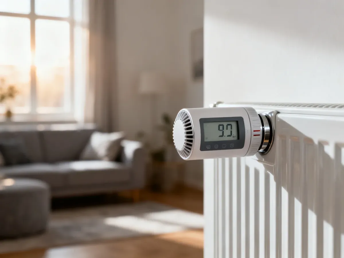 Cyfrowy podzielnik ciepła zamontowany na białym grzejniku, wskazujący aktualne zużycie energii w minimalistycznym wnętrzu.