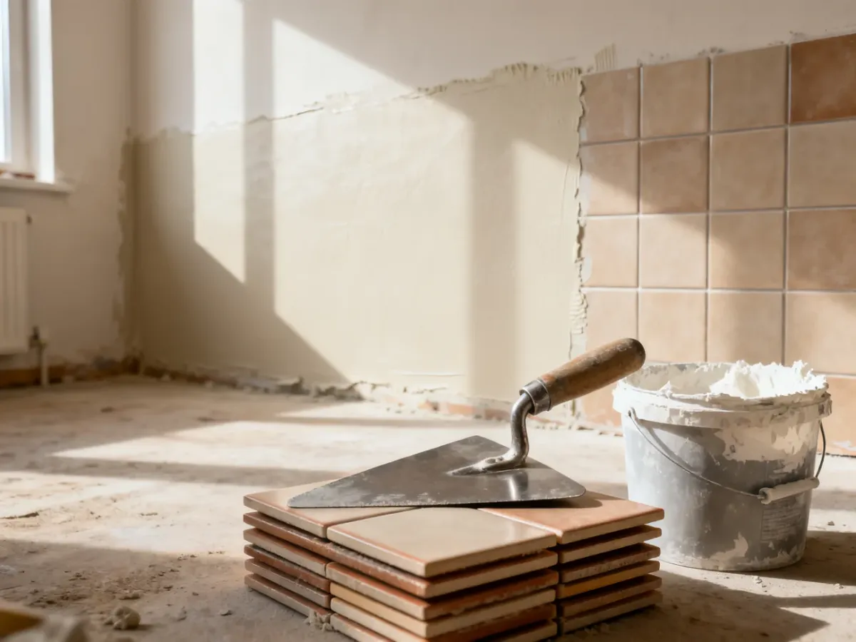 Półotwarte wnętrze z narzędziami do gładzi i płytkami ceramicznymi, obrazujące etapy prac wykończeniowych na ścianie.