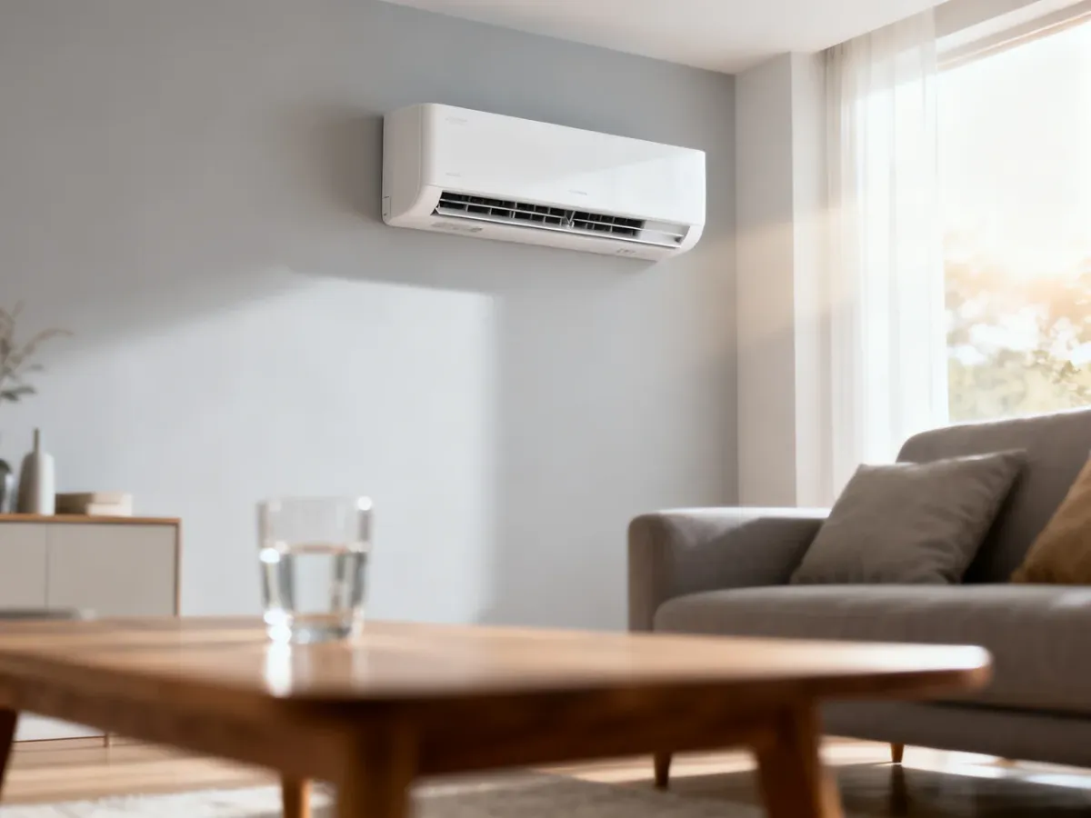Nowoczesny klimatyzator ścienny w jasnym salonie, zapewniający komfortową temperaturę w nowoczesnym wnętrzu.