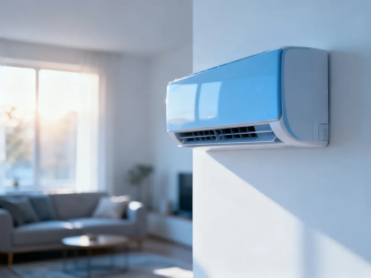 Nowoczesny klimatyzator ścienny zamontowany w jasnym, minimalistycznym salonie z wpadającym światłem dziennym.